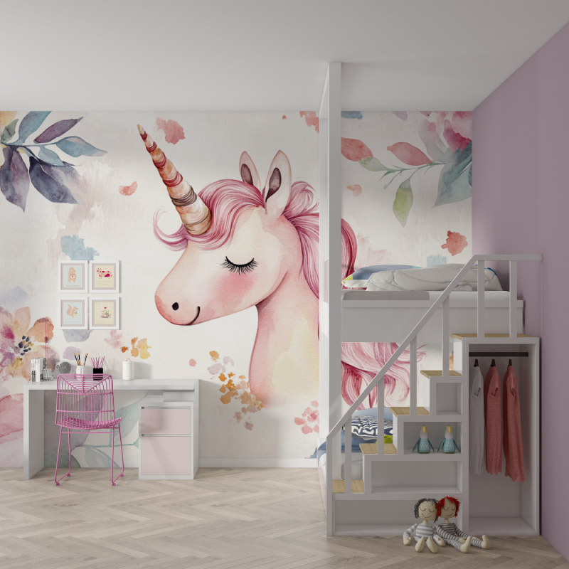 Unicorn Mural Wallpaper | Watercolor Pink Fantasy Design