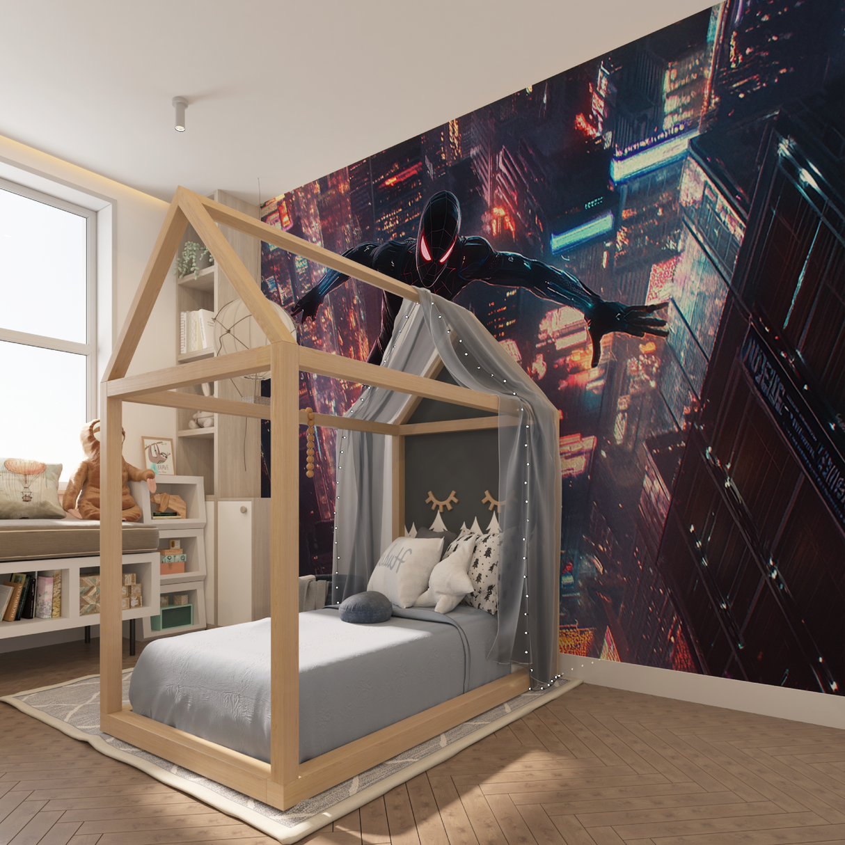 Superhero Mural Wallpaper | Night City Spiderman Action
