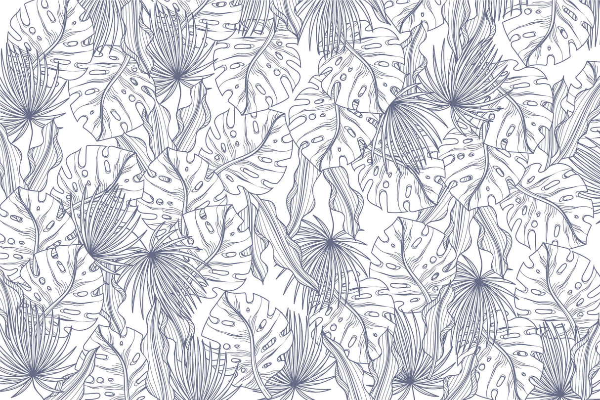 Tropical Line Art Mural Wallpaper | Blue Palm and Monstera Pattern