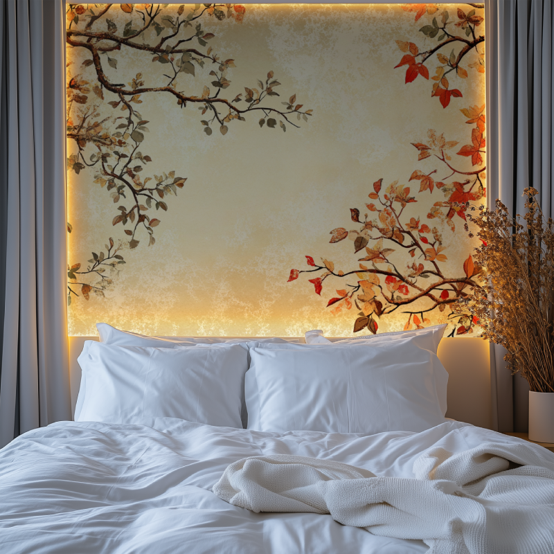 Japanese Tree Mural Wallpaper | Autumn Leaves on Beige Background