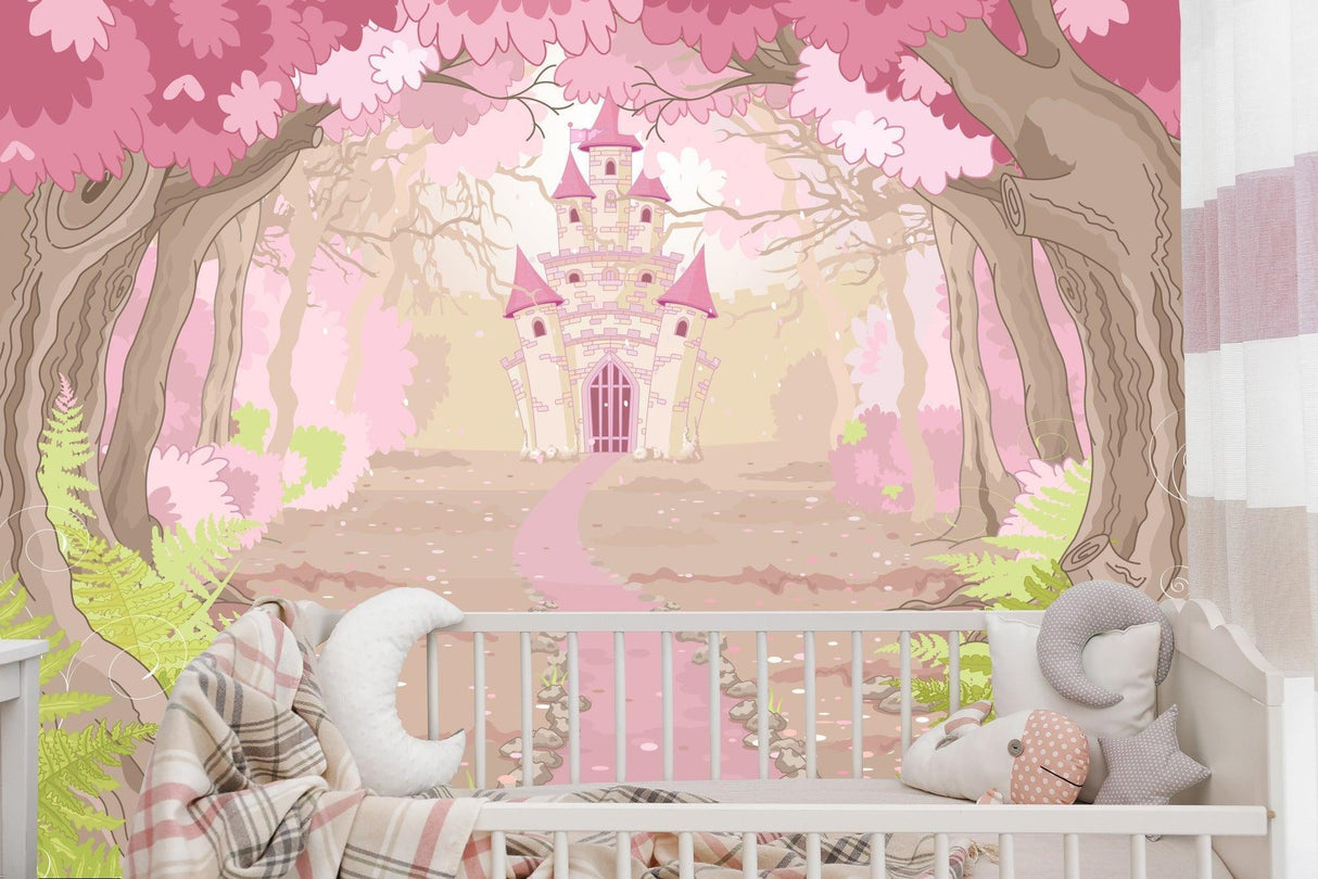 Princess Castle Mural Wallpaper | Enchanted Pink Forest Path