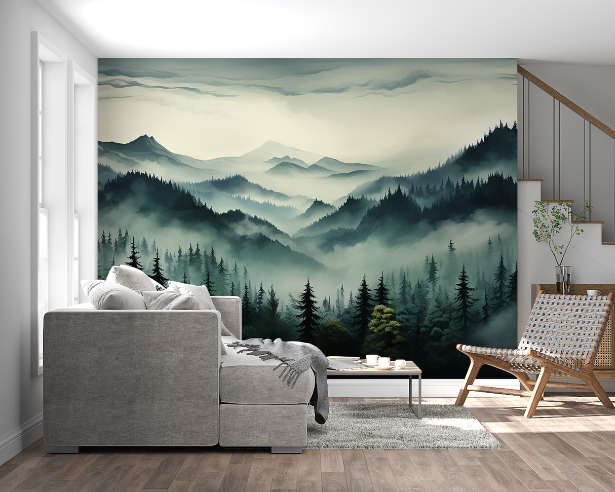 Forest Mural Wallpaper | Misty Mountain Pine Trees
