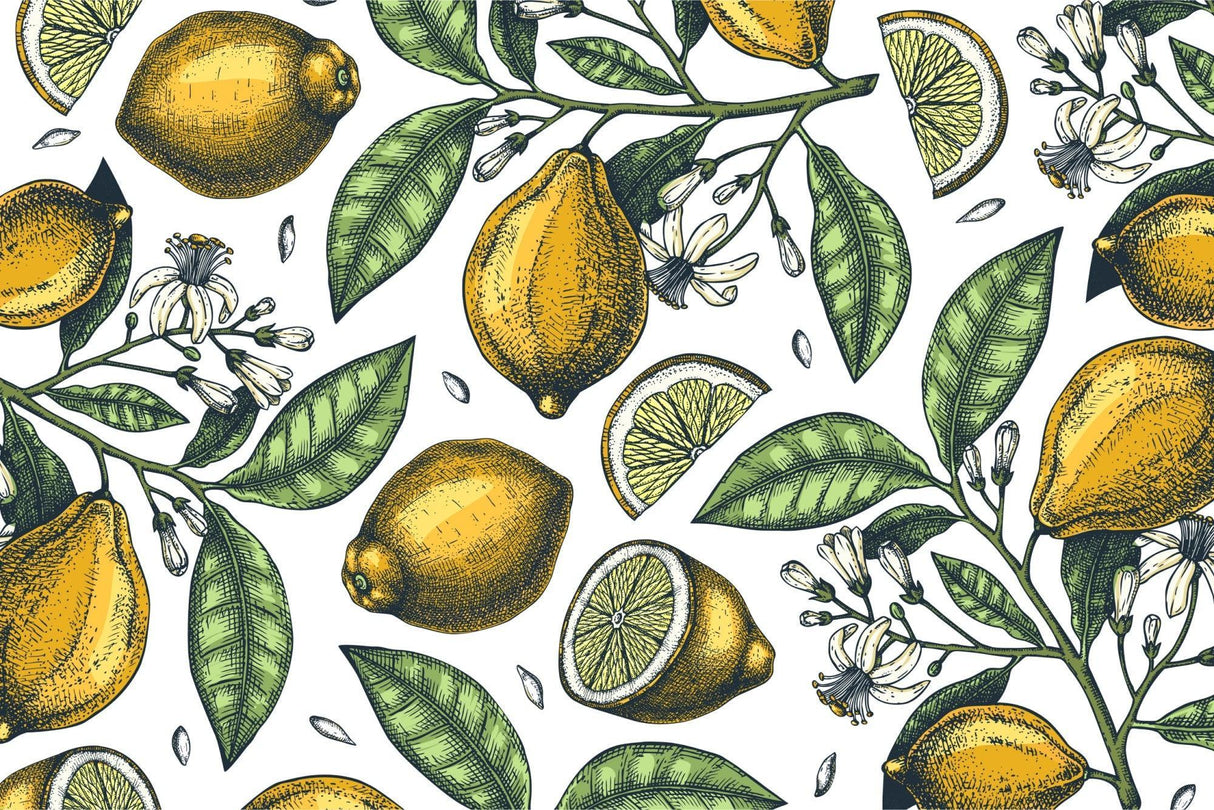 Citrus Mural Wallpaper | Vintage Lemon and Blossom Pattern