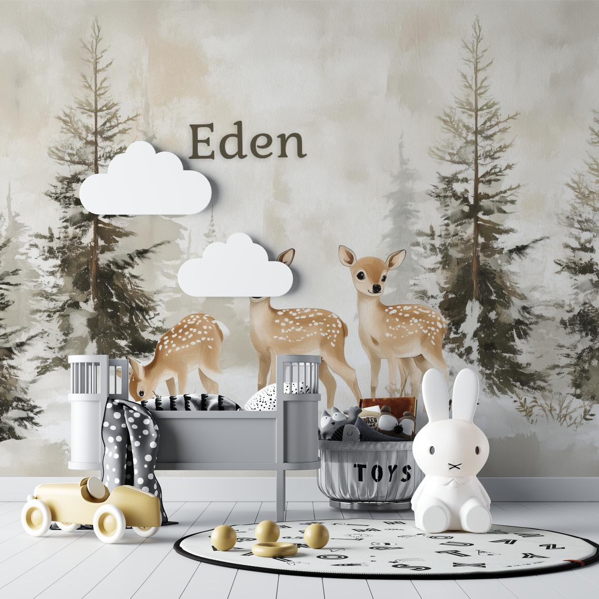 Forest Animals Mural Wallpaper | Deer and Pine Trees in Winter Scene