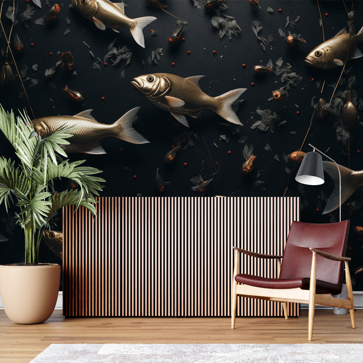 Marine Animals Mural Wallpaper | Golden Fish on Dark Background