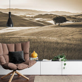 Landscape Mural Wallpaper | Sepia Tuscan Hills With Lone Tree