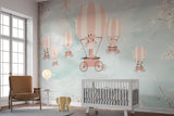 Hot Air Balloon Mural Wallpaper | Safari Animals Adventure with Cherry Blossoms