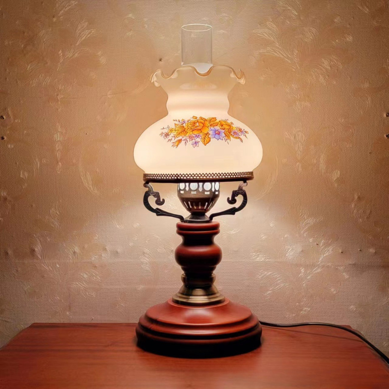 Vintage Table Lamp  Floral Glass Shade Wood Base - Product showcase