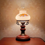 Vintage Table Lamp  Floral Glass Shade Wood Base - Product showcase