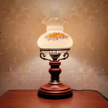 Vintage Table Lamp  Floral Glass Shade Wood Base - Product showcase