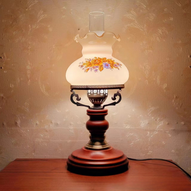 Vintage Table Lamp  Floral Glass Shade Wood Base - Product showcase