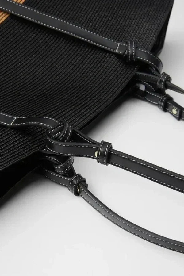 Woven Straw Tote Bag  Leather Trim Natural Finish - Product detail 5