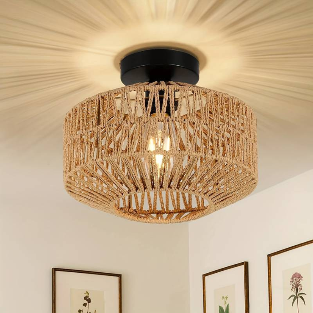 Rattan Ceiling Light  Natural Woven Drum Shade - Detailed view