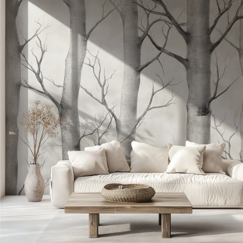 Forest Mural Wallpaper | Winter Birch Trees in Grey and White