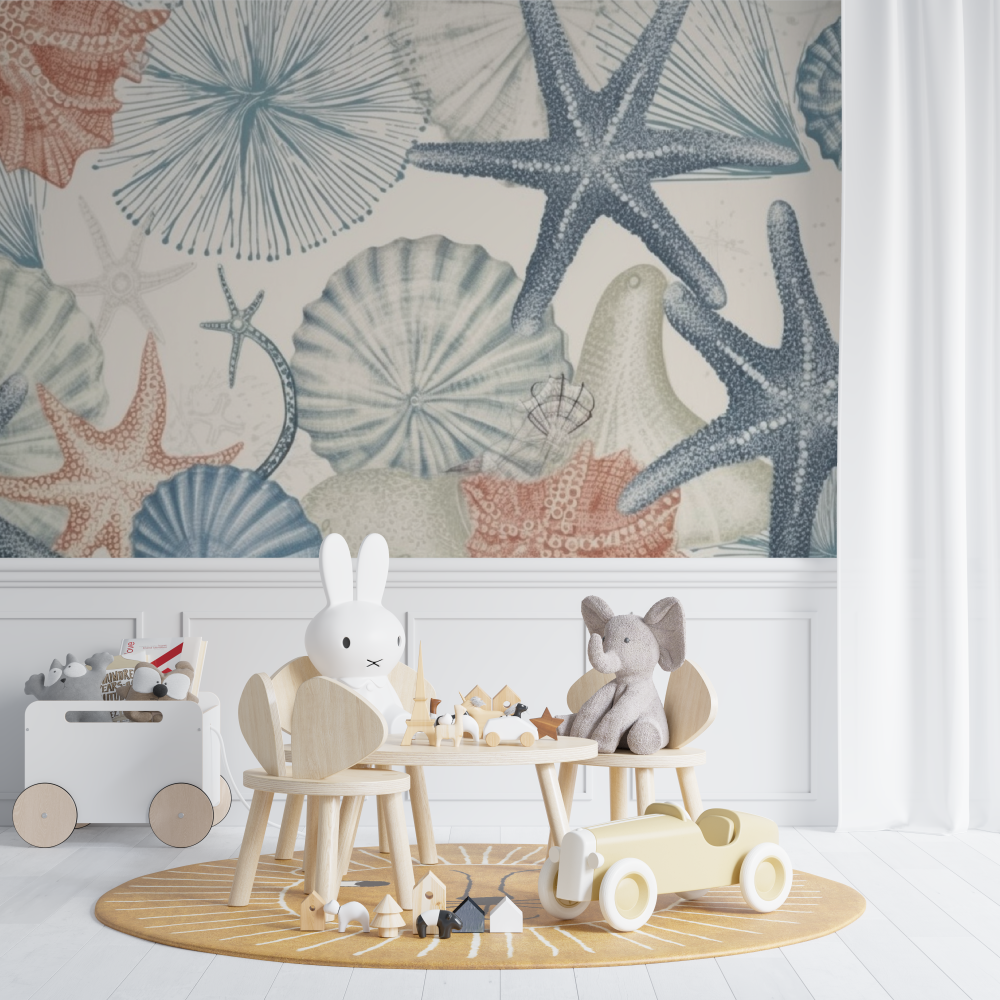 Marine Life Mural Wallpaper | Soft Coral and Blue Seashells