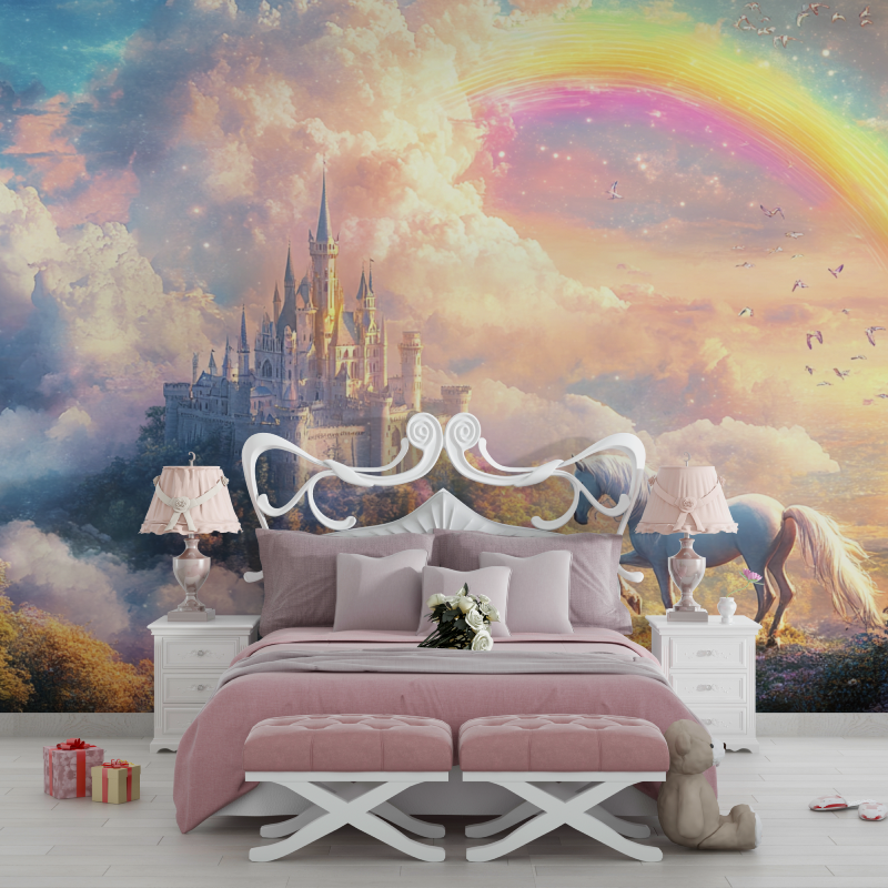 Princess Mural Wallpaper | Magical Castle with Rainbow and Unicorn