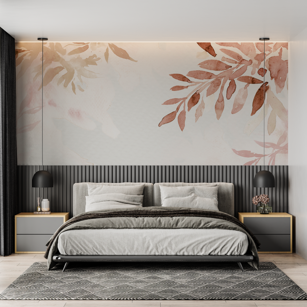 Floral Mural Wallpaper | Watercolor Terracotta Leaves
