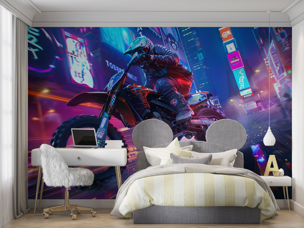 Cyberpunk Mural Wallpaper | Urban Motocross Night Scene