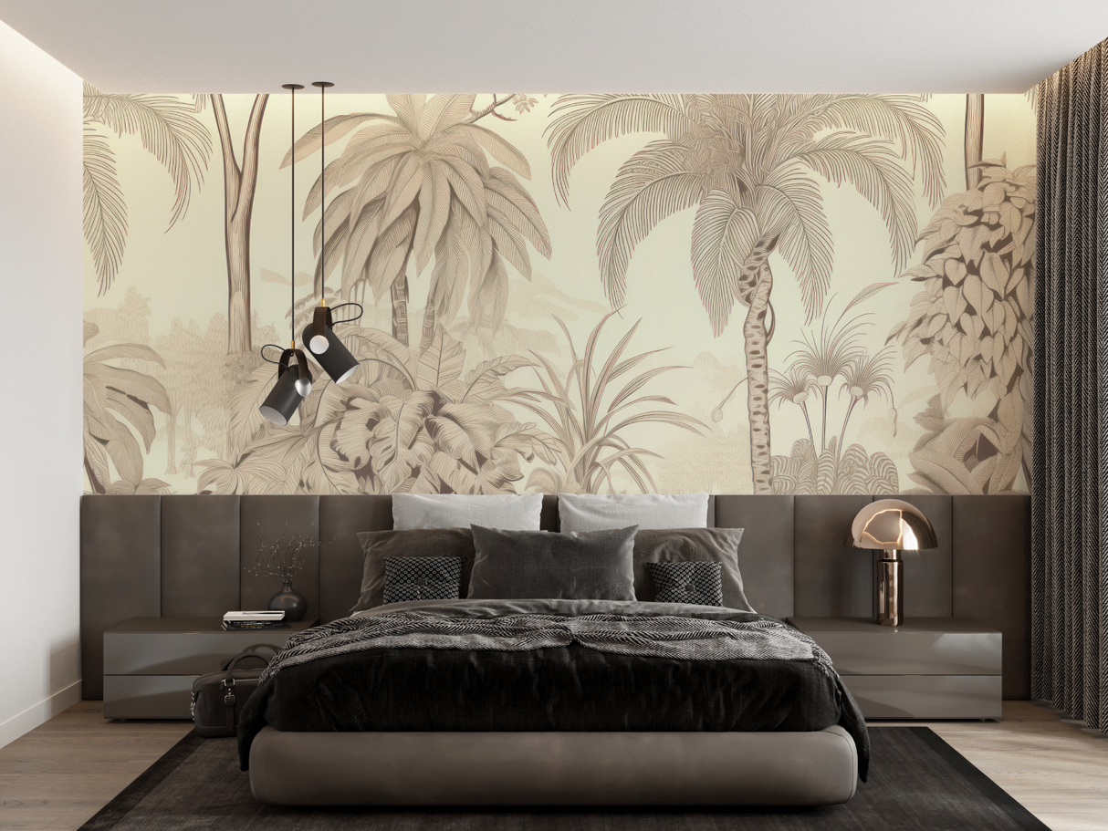 Tropical Mural Wallpaper | Beige Palm Trees and Nature Scene