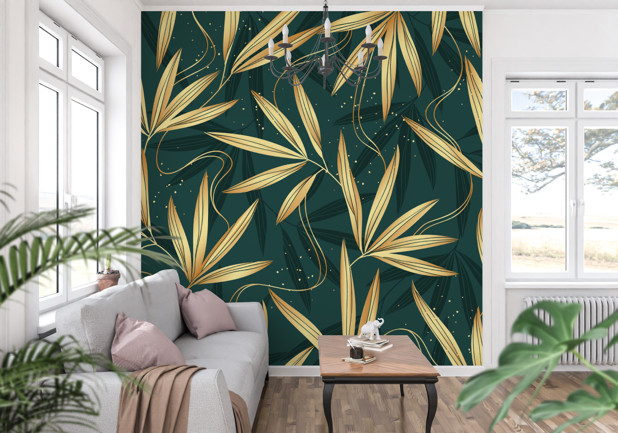 Bamboo Mural Wallpaper | Elegant Gold Leaves on Green