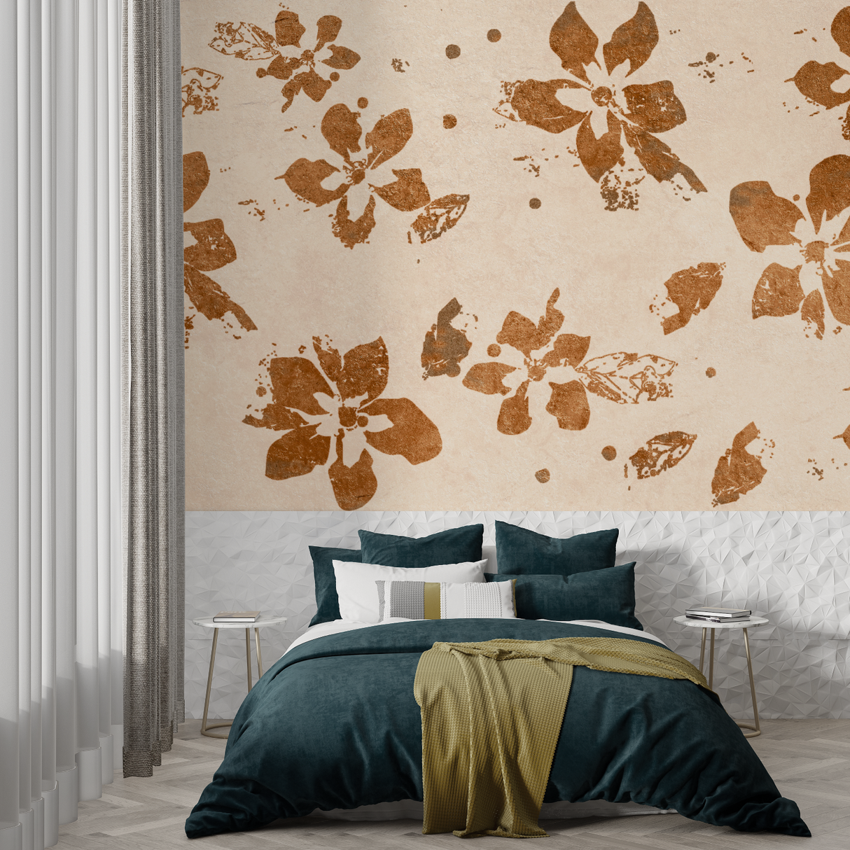 Floral Mural Wallpaper | Terracotta Brushed Bloom Pattern