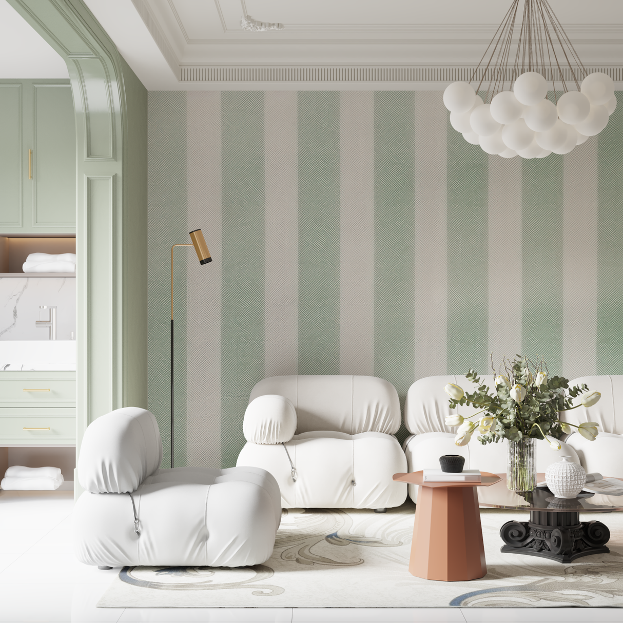 Striped Mural Wallpaper | Mint Green and White Pattern