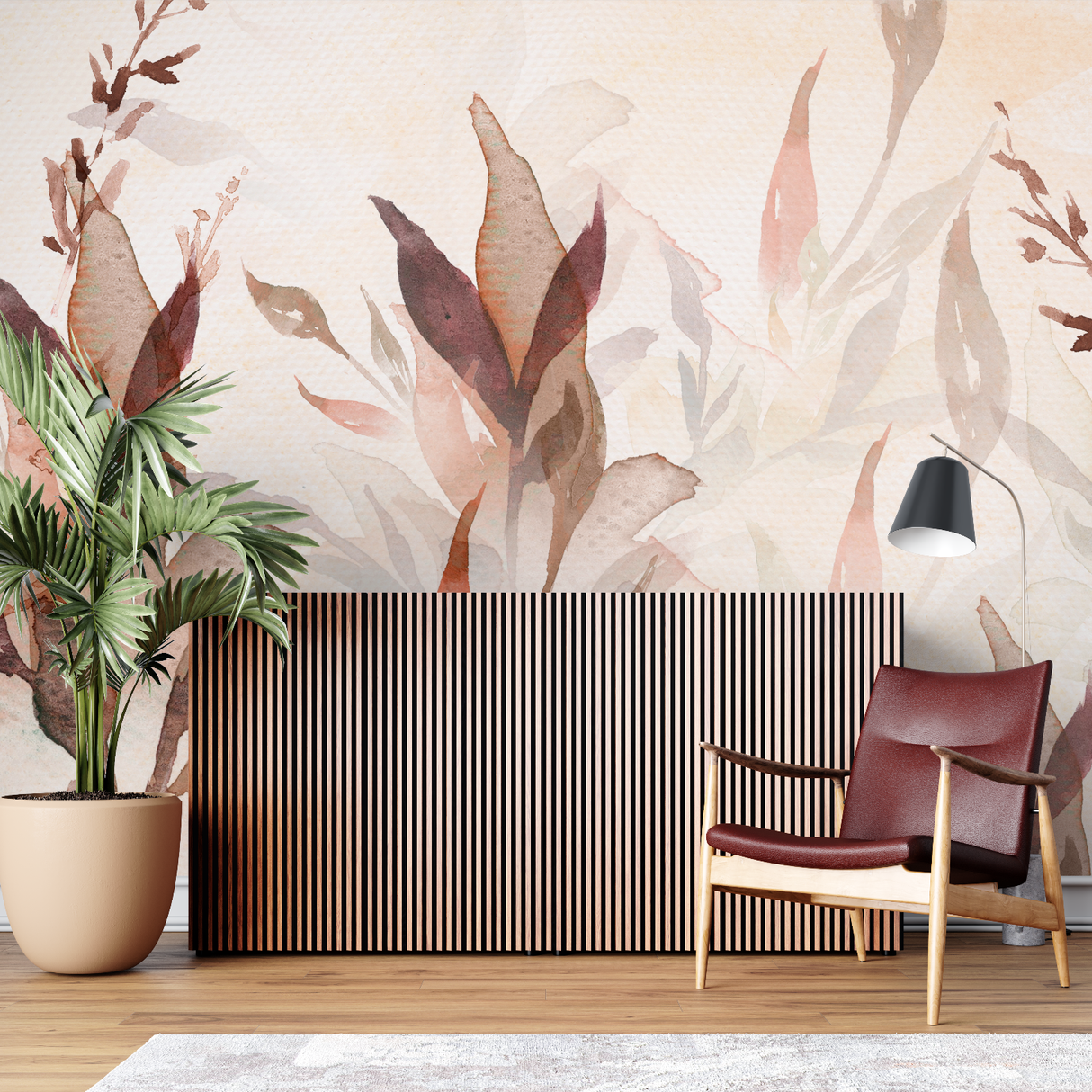 Watercolor Mural Wallpaper | Autumn Leaves in Terracotta Shades