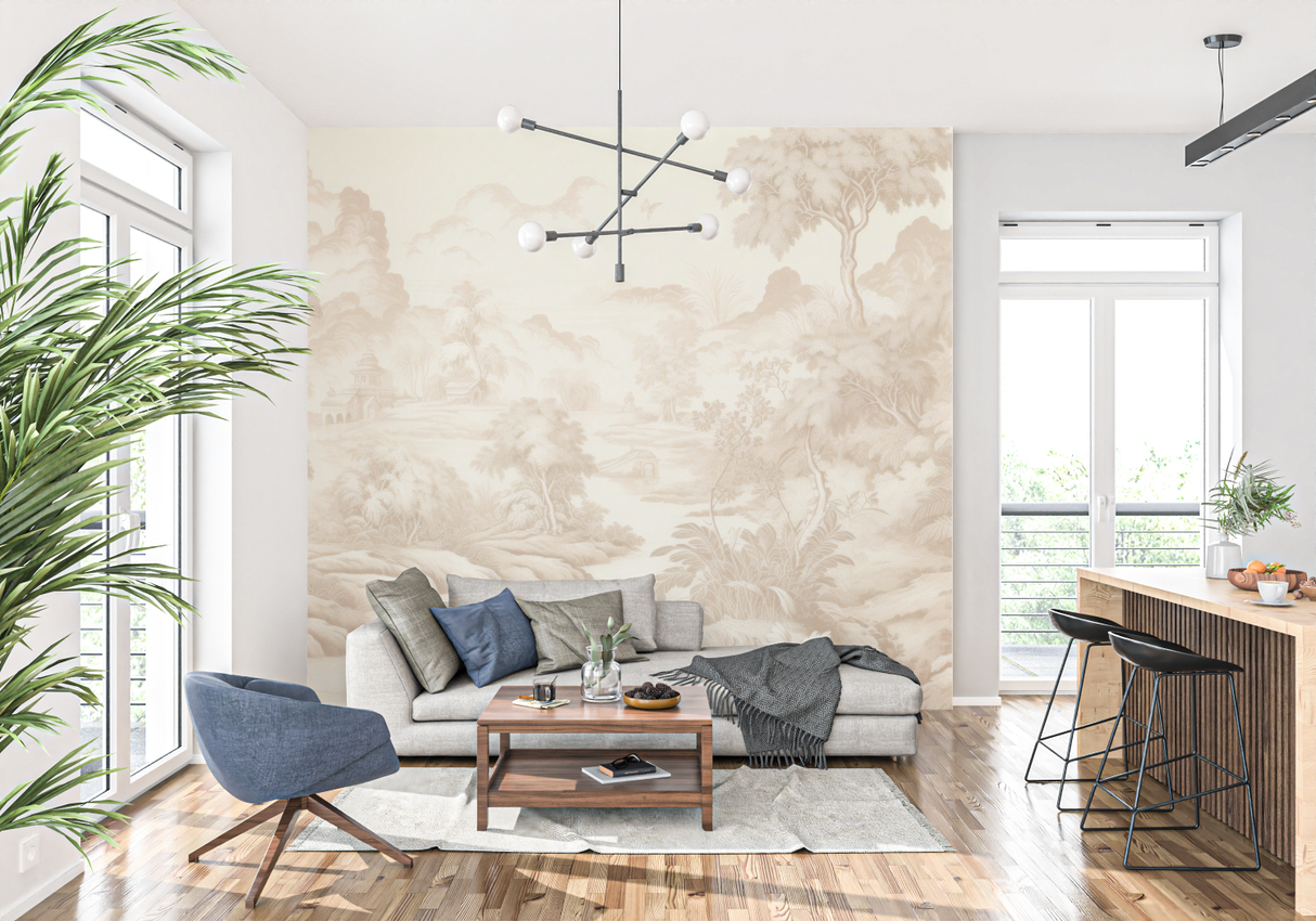 Vintage Mural Wallpaper | Beige Toile de Jouy Landscape
