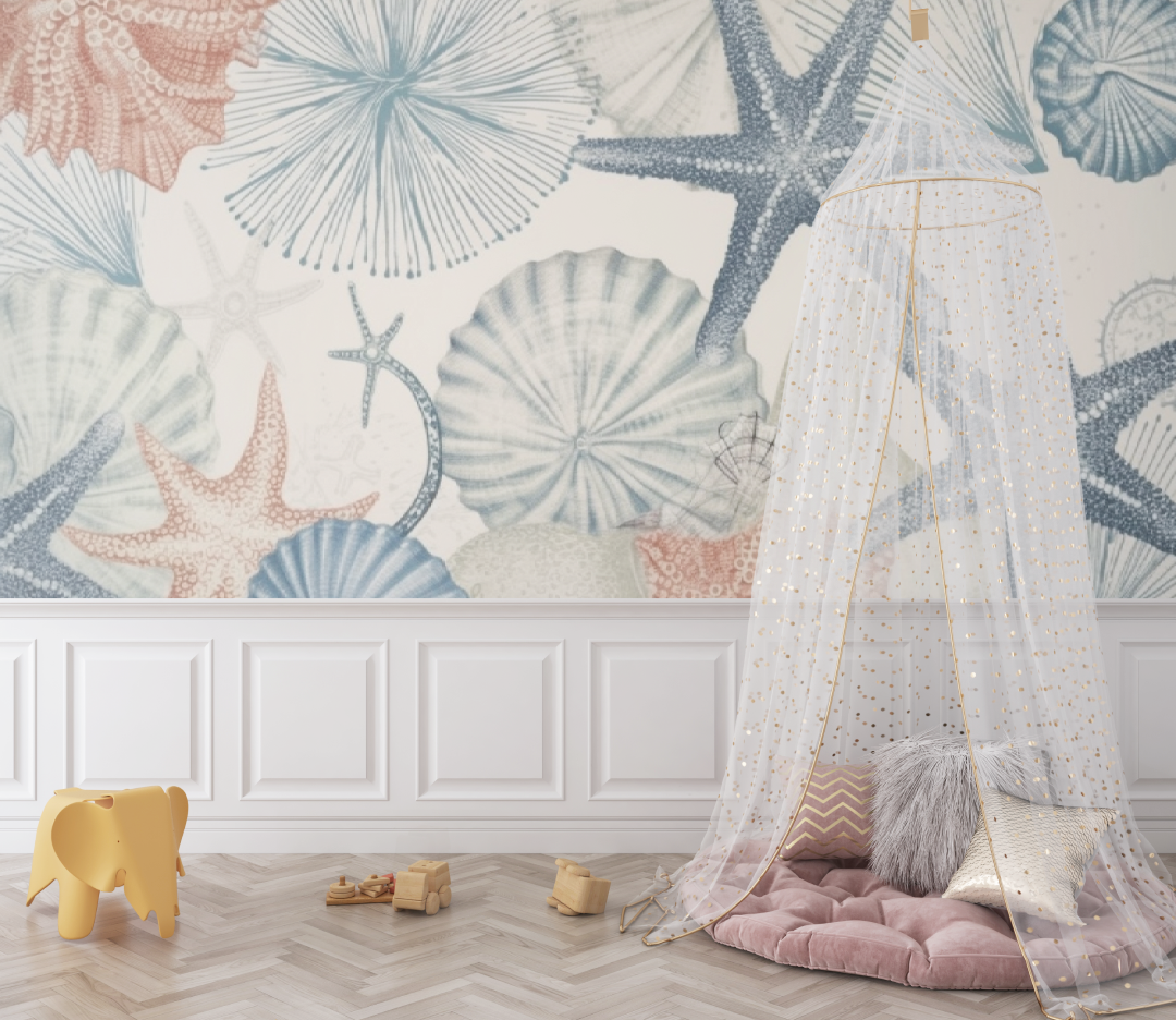 Marine Life Mural Wallpaper | Soft Coral and Blue Seashells