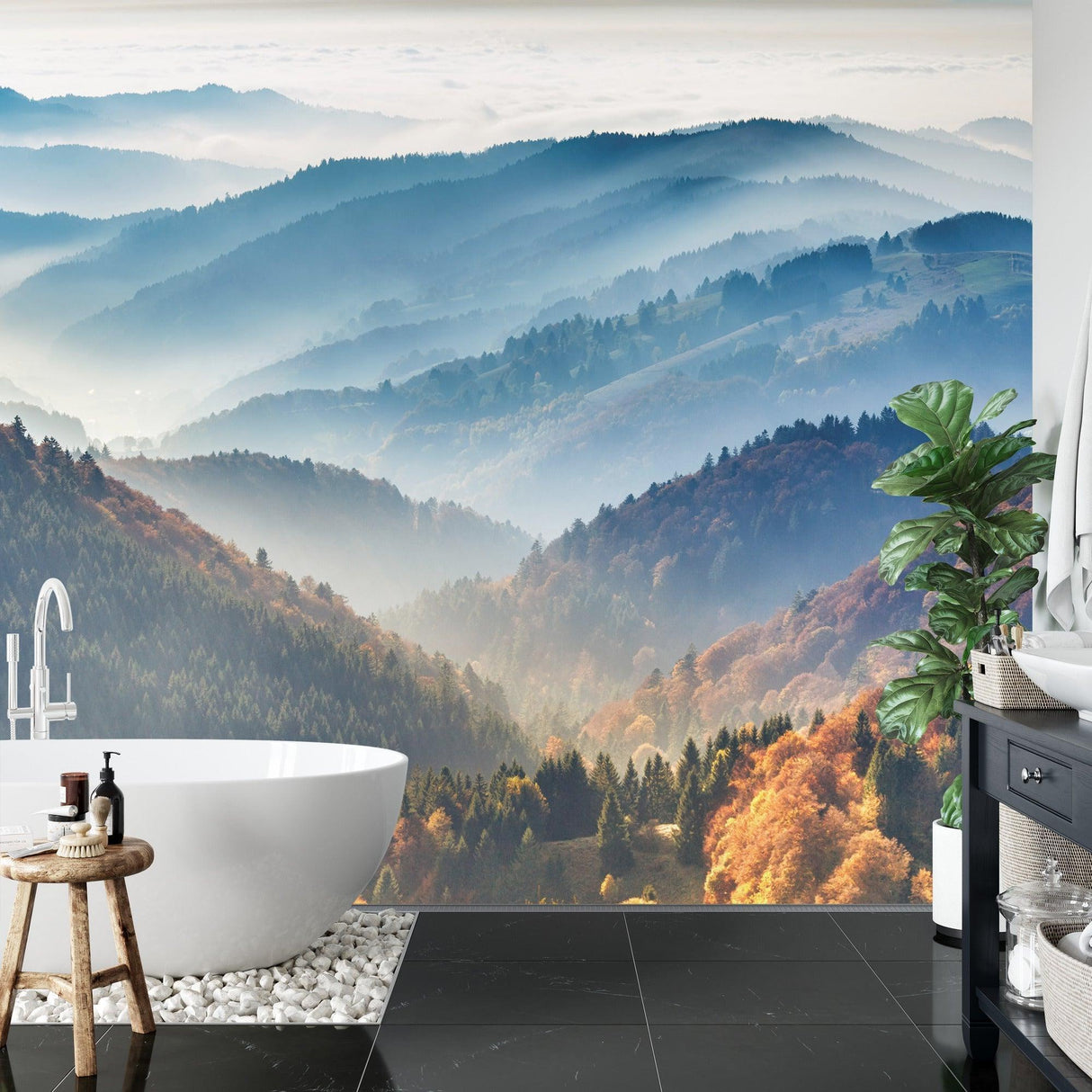 Mountain Mural Wallpaper | Misty Forest Autumn Landscape