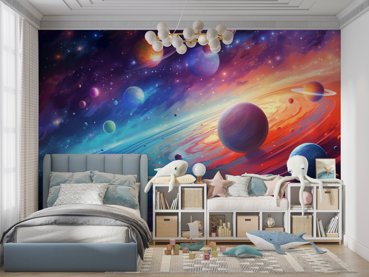 Space Mural Wallpaper | Colorful Galaxy and Planets Design