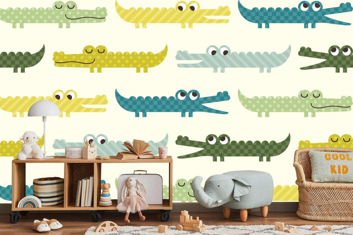 Crocodile Mural Wallpaper | Playful Geometric Pattern in Pastel Colors