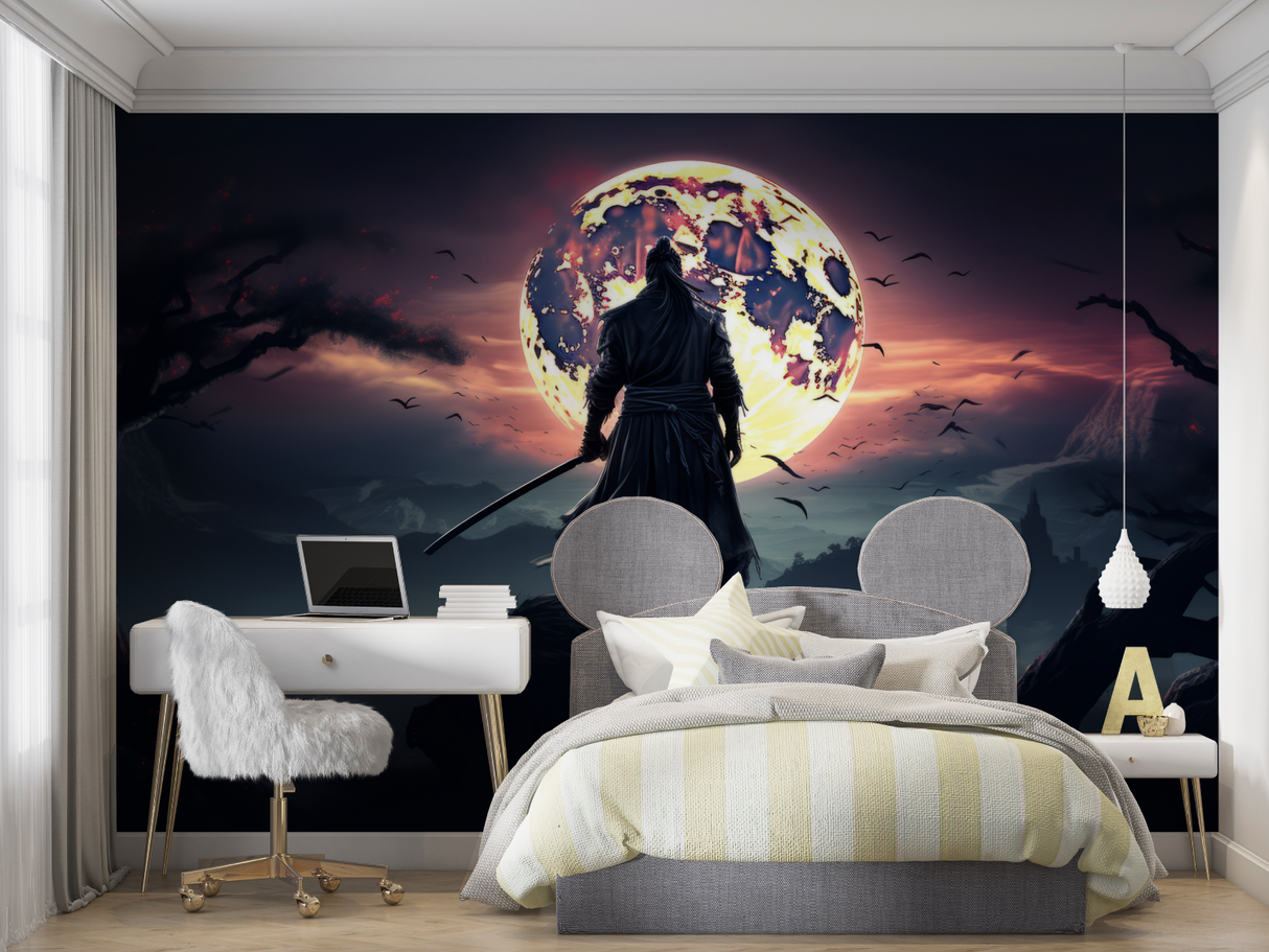 Japanese Mural Wallpaper | Warrior Silhouette with Moon