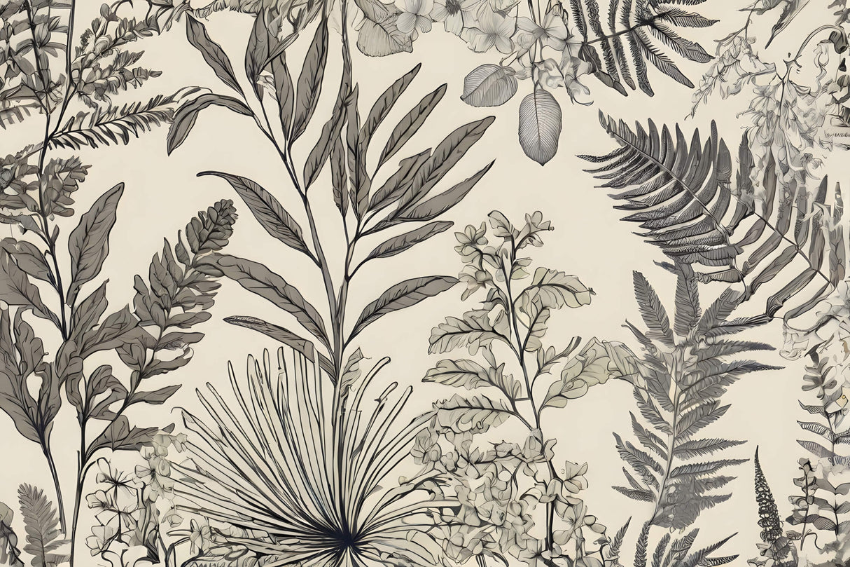 Tropical Foliage Mural Wallpaper | Monochrome Botanical Line Art