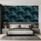 Art Deco Mural Wallpaper | Emerald Green Fan Pattern with Gold Lines
