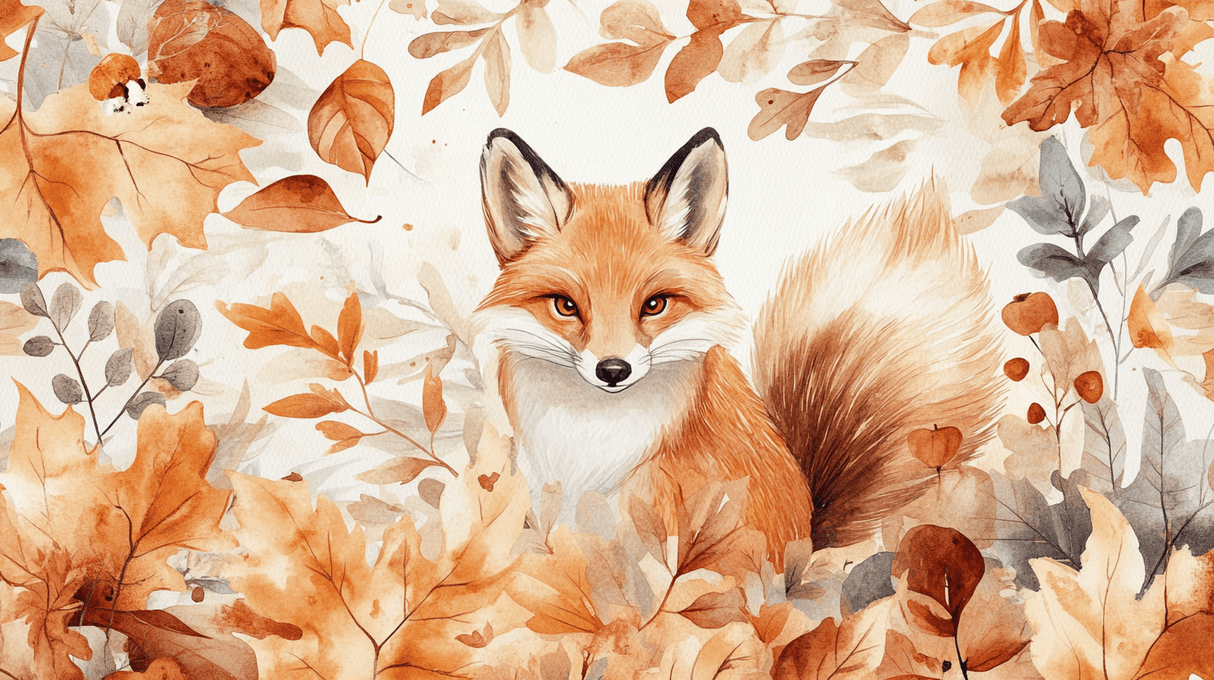 Forest Animals Mural Wallpaper | Autumn Fox with Watercolor Leaves