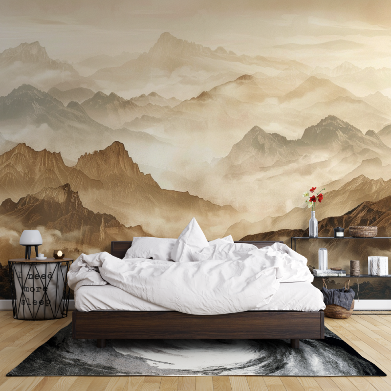 Mountain Mural Wallpaper | Misty Terracotta Landscape