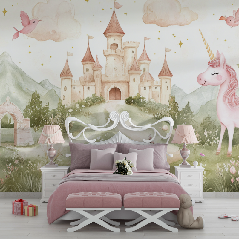 Princess Castle Mural Wallpaper | Magical Unicorn and Fairy Tale Design