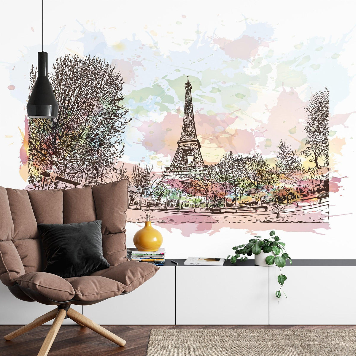 Paris Mural Wallpaper | Watercolor Eiffel Tower Scene