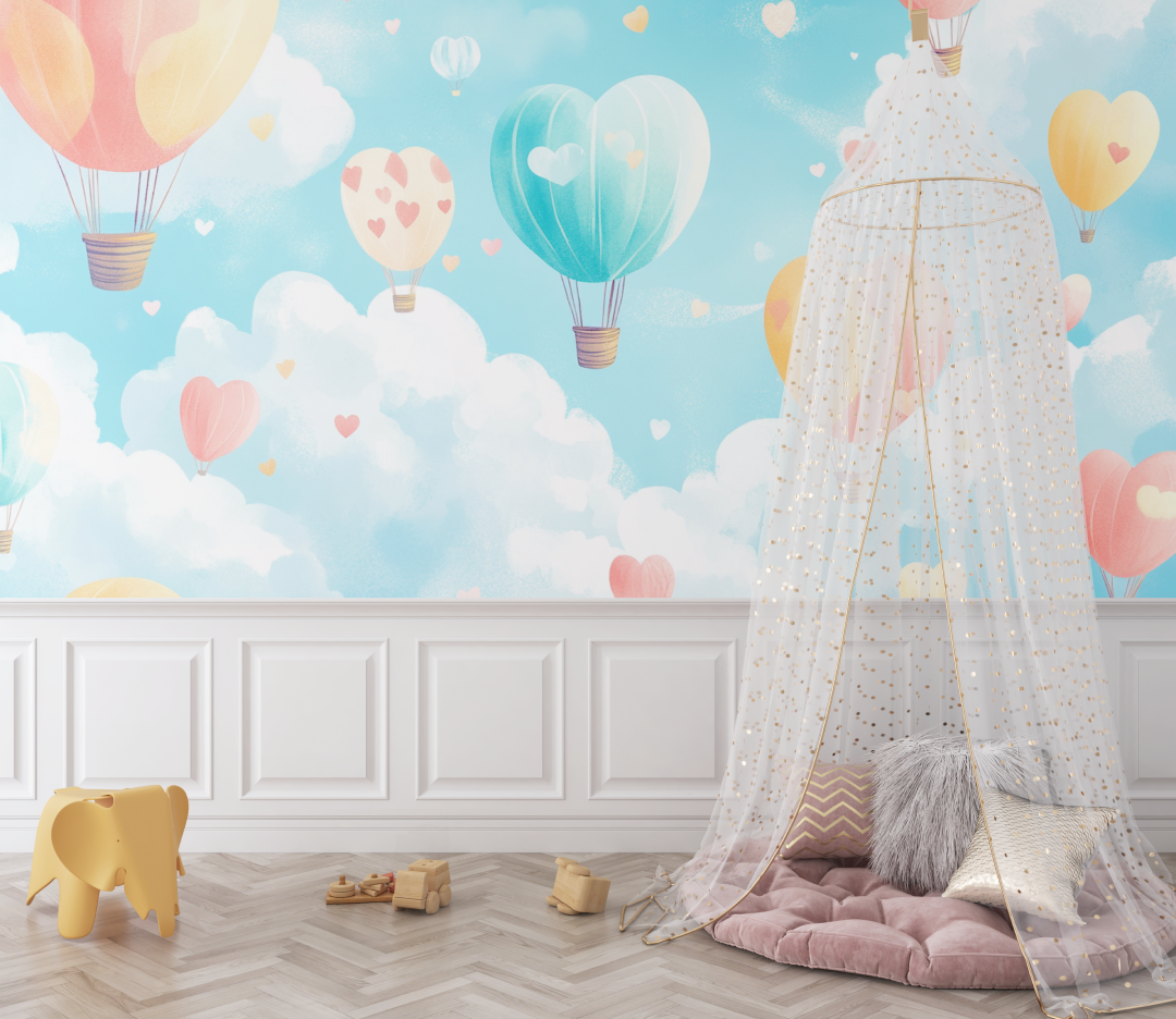 Hot Air Balloon Mural Wallpaper | Dreamy Hearts and Sky Design