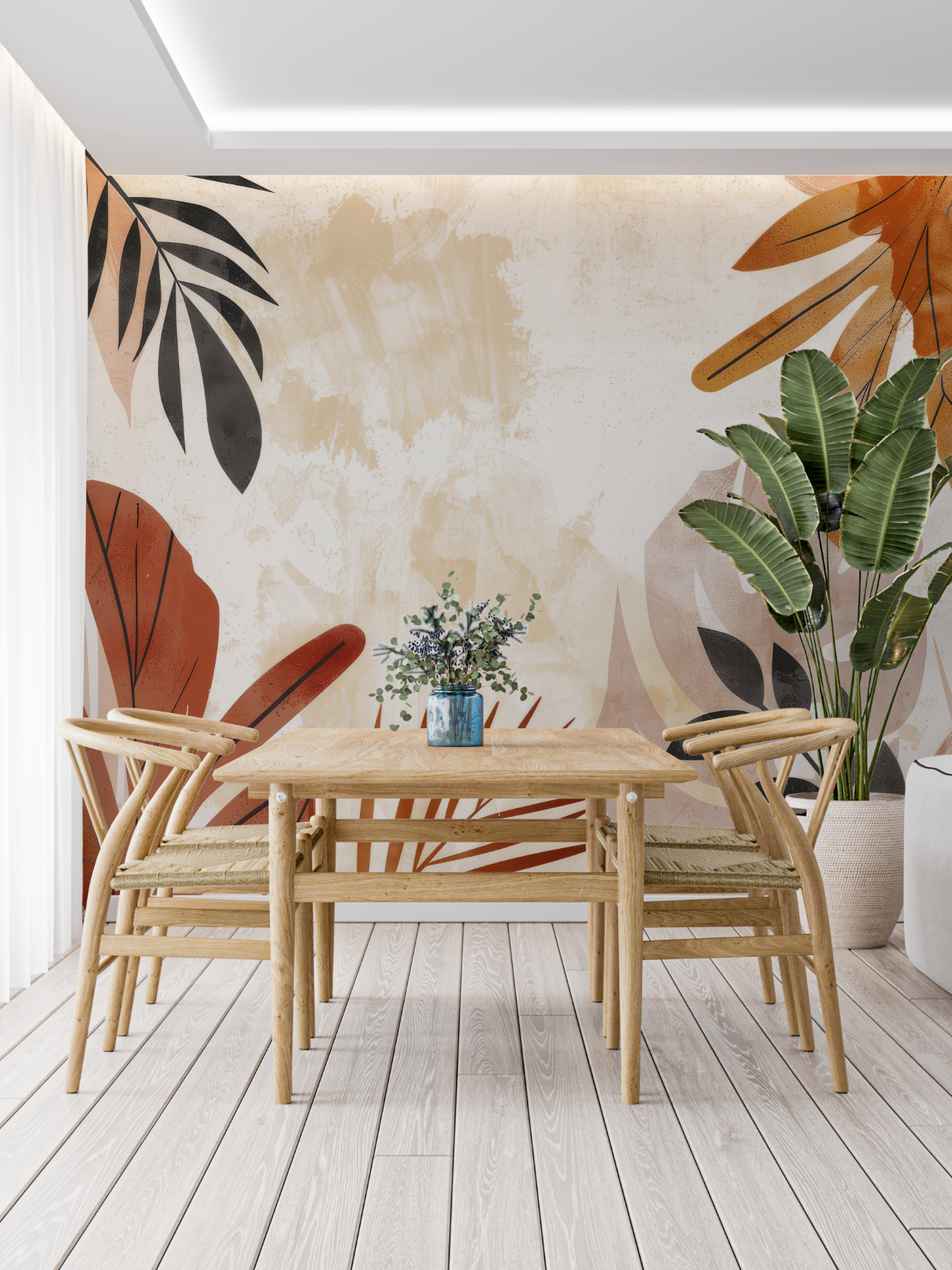 Tropical Mural Wallpaper | Abstract Terracotta and Black Leaves