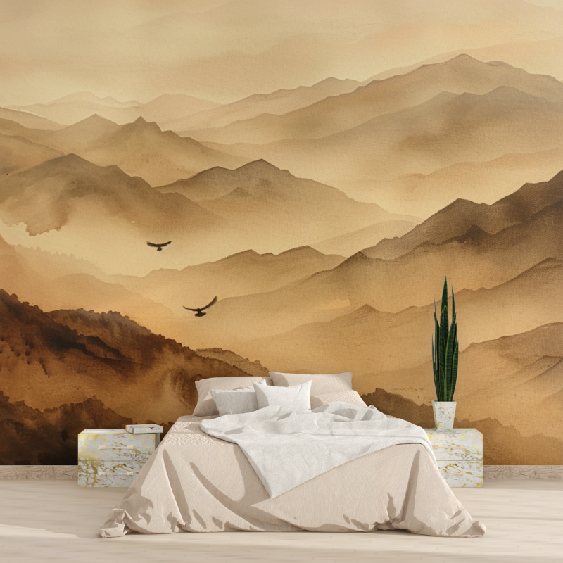 Mountain Mural Wallpaper | Misty Peaks in Terracotta Tones