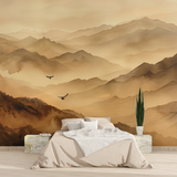 Mountain Mural Wallpaper | Misty Peaks in Terracotta Tones