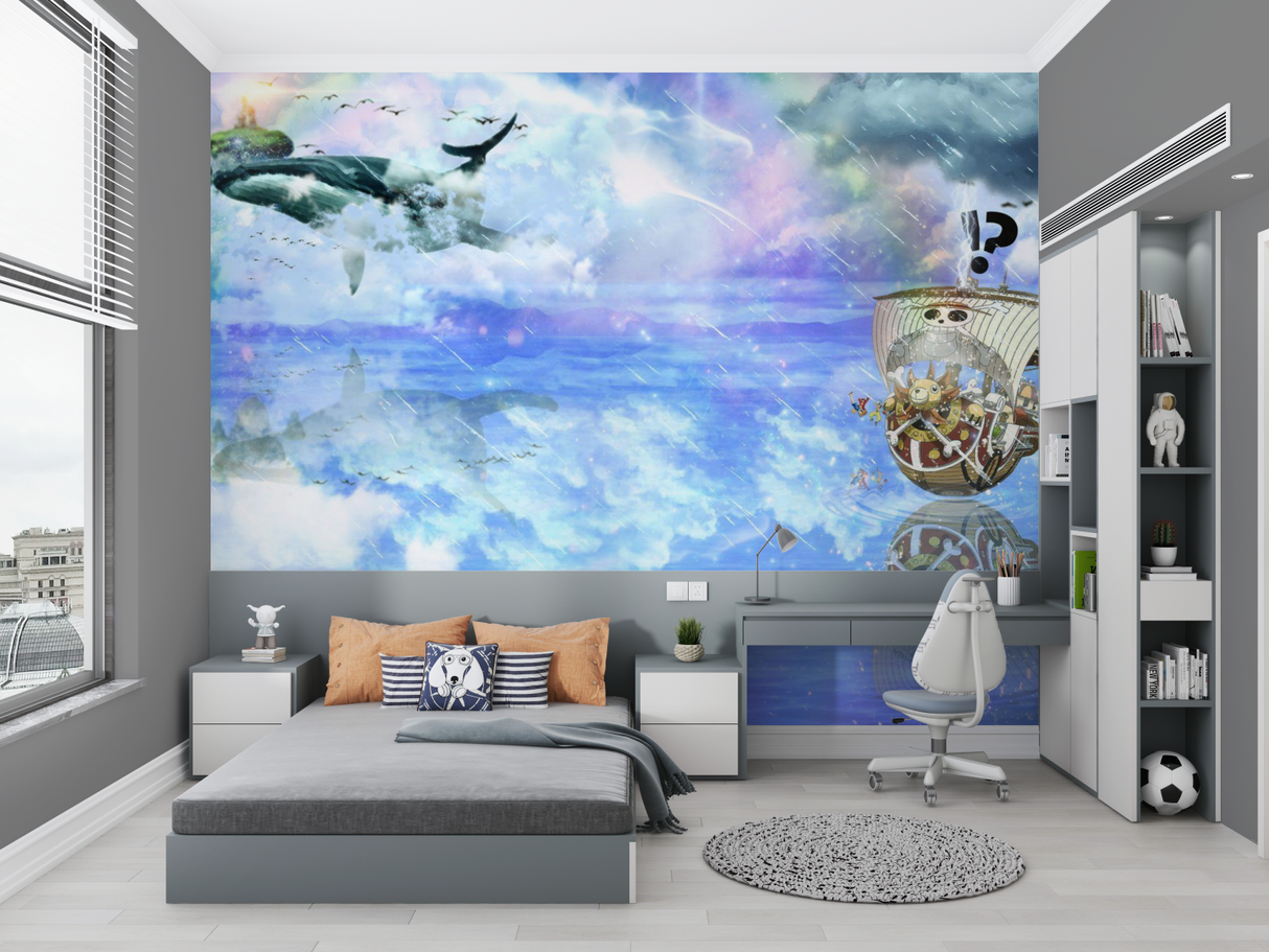 Marine Mural Wallpaper | Fantasy Pirate Ship and Flying Whale