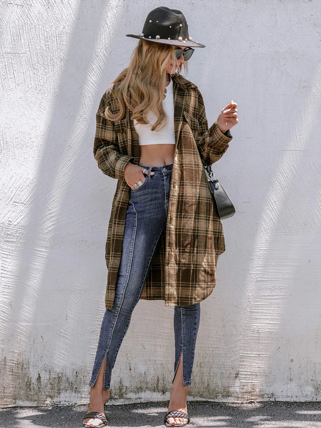 Plaid Wool Blend Long Coat  Classic Brown Checkered Pattern - Detailed view