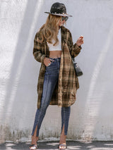 Plaid Wool Blend Long Coat  Classic Brown Checkered Pattern - Detailed view