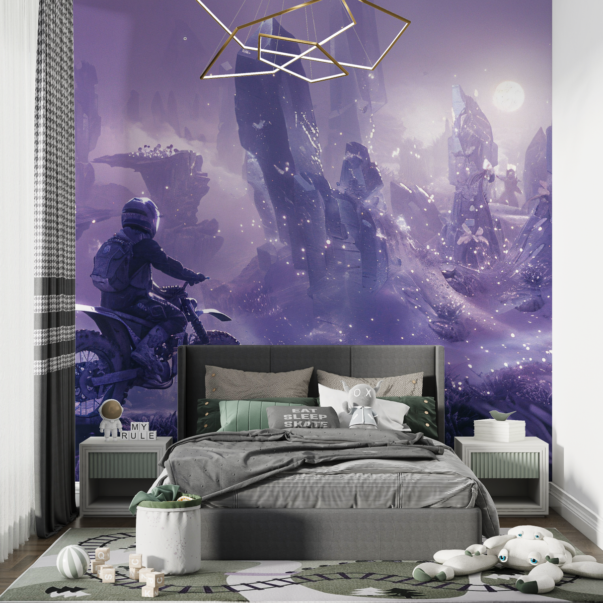 Sports Mural Wallpaper | Motocross Adventure in Purple Galaxy