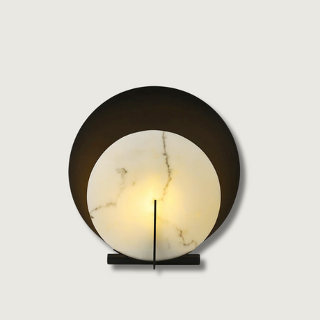 Modern Alabaster Table Lamp  Black Metal Frame with Marble Disk - Product showcase