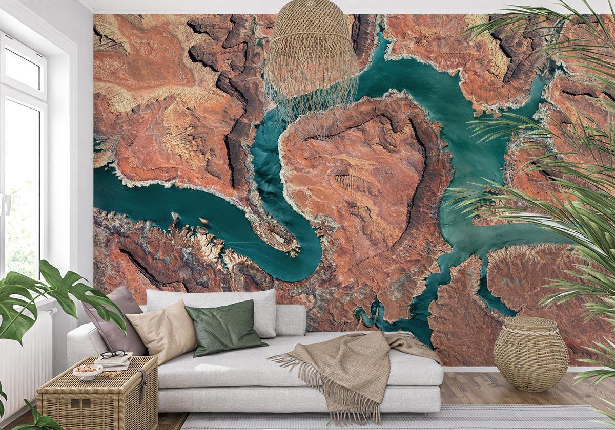 Aerial Nature Mural Wallpaper | Turquoise River Through Desert Canyon