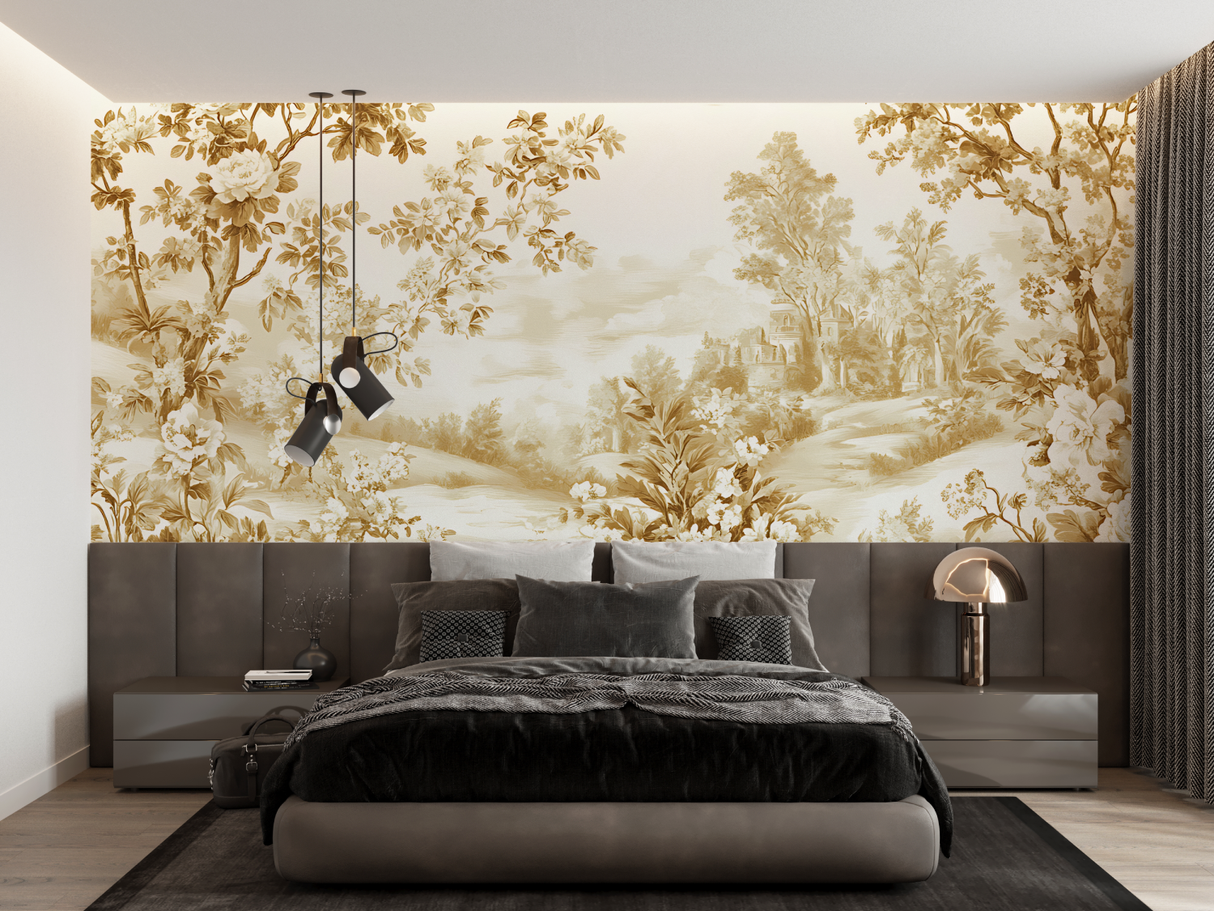 Vintage Mural Wallpaper | Golden Toile de Jouy Landscape